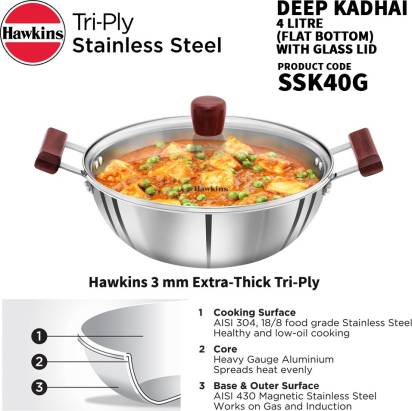 Hawkins Triply Stainless Steel Kadhai 28 cm Diameter with Lid 4 L (SSK40G) - Swadesiicart