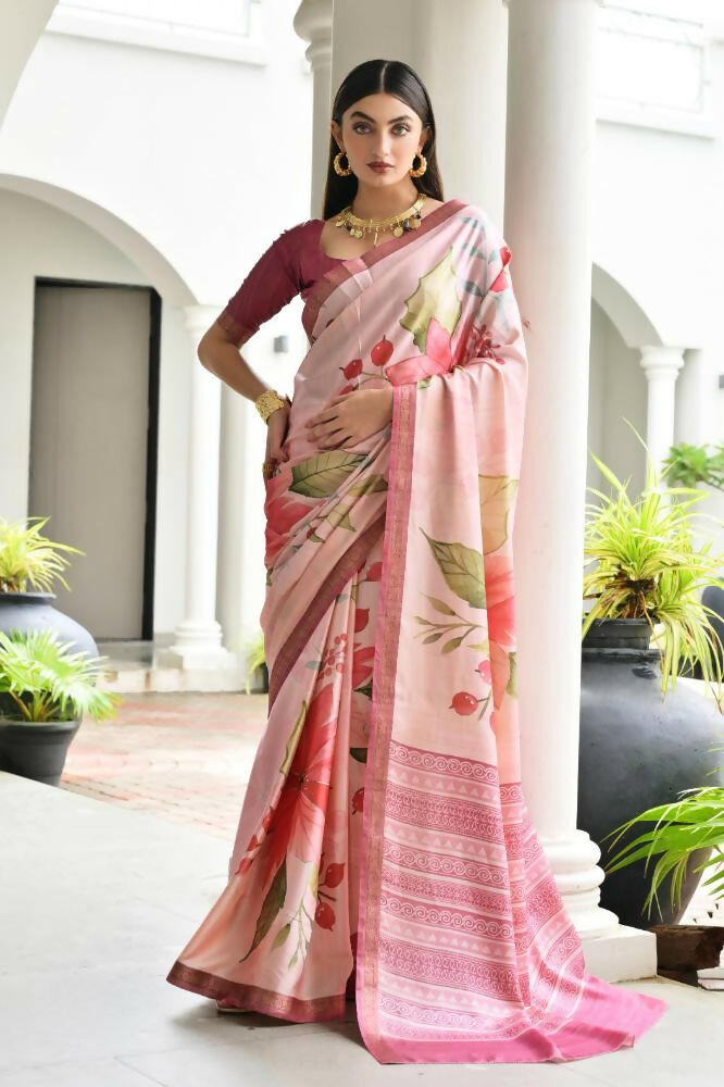Vishnu Weaves Women's Pink Satin Silk Printed Saree with Blouse - Swadesiicart