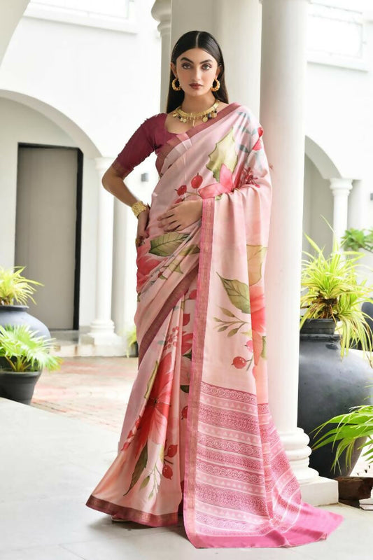 Vishnu Weaves Women's Pink Satin Silk Printed Saree with Blouse - Swadesiicart