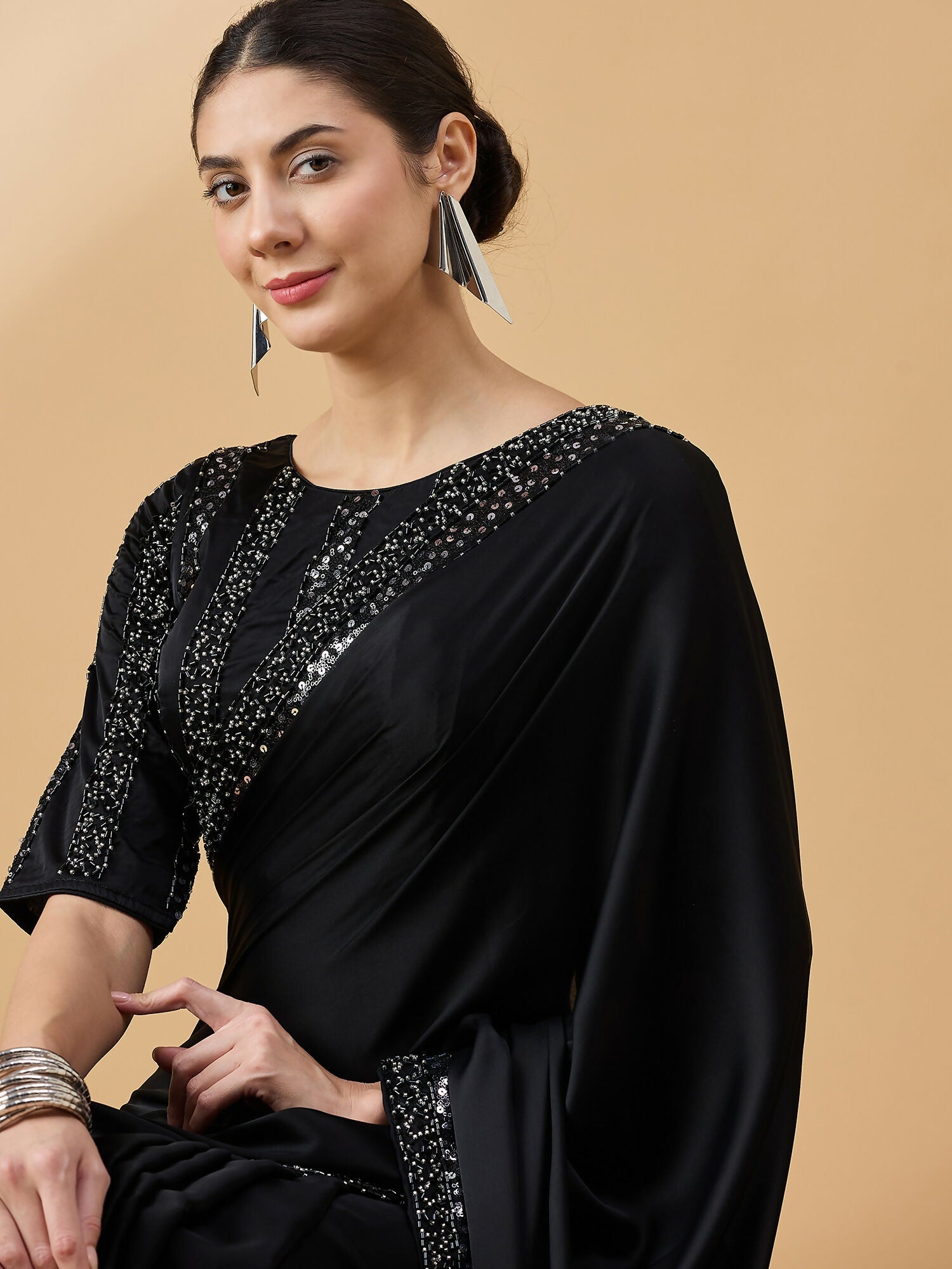 Black Satin Solid Sequence Work Saree with Stitched Blouse - Dharavi