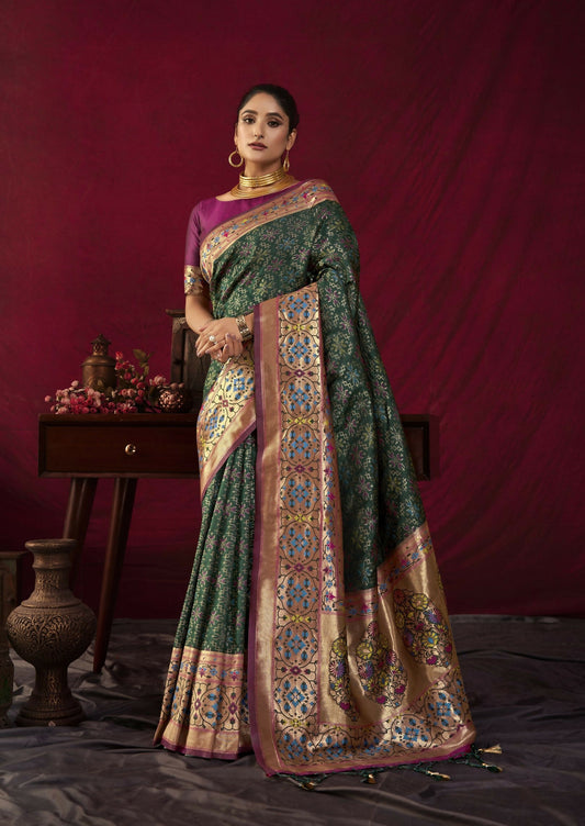 Vishnu Weaves Women's Bt-Green Paithani Silk Saree with Blouse - Swadesiicart