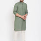 Even Apparels Green Color Linen Linen Men's Kurta With Band Collar | Swadesiicart