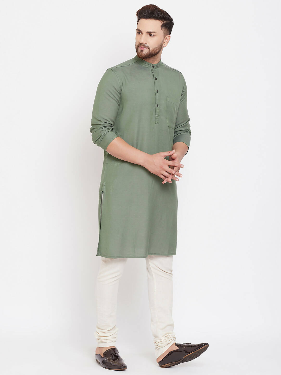 Even Apparels Green Color Linen Linen Men's Kurta With Band Collar | Swadesiicart