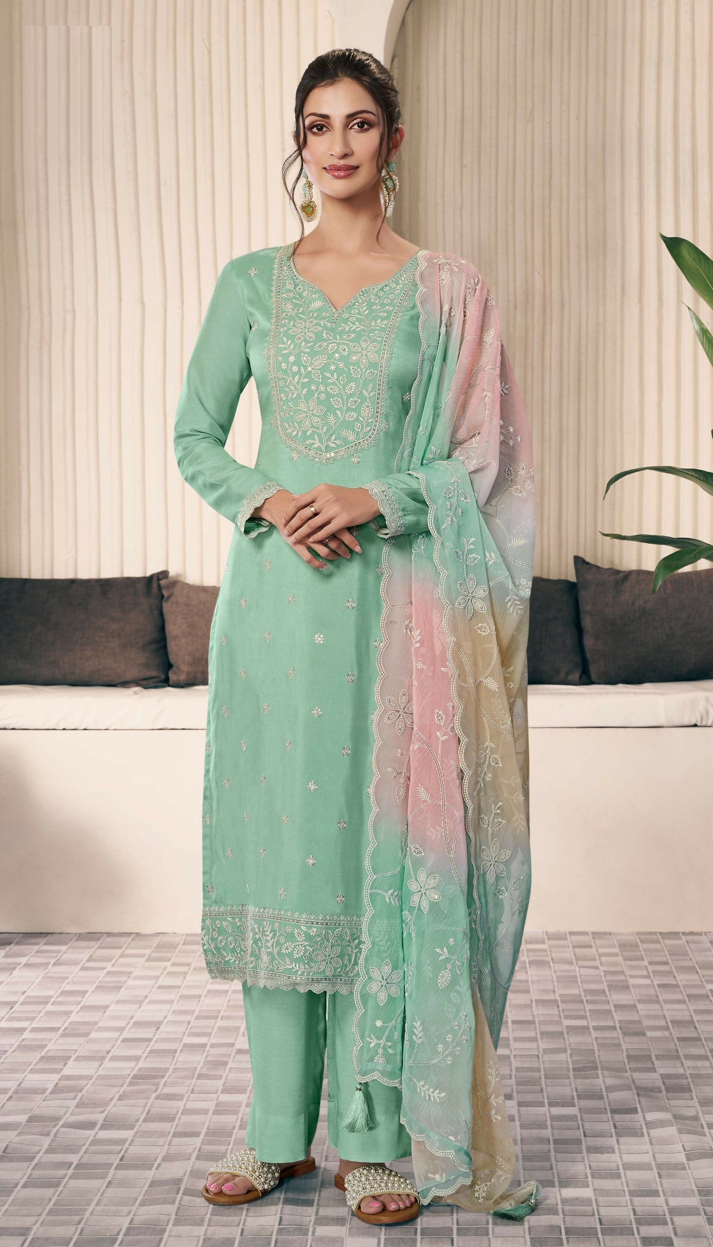 Anaita Mint Green Embroidered Silk Stitched Salwar Suit