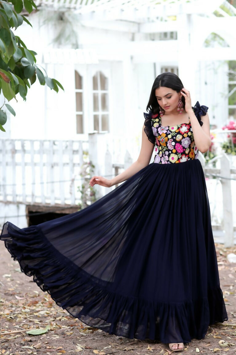 Jyoti Fashion Women's Navy Blue Sequins Thread Embroidery Faux Blooming Anarkali Dress | Swadesiicart