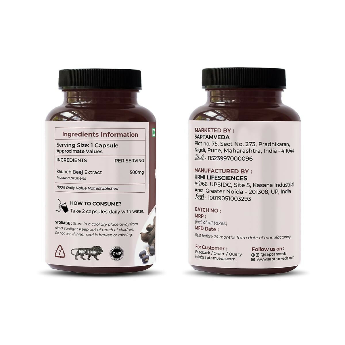 Saptamveda Natural Kaunch Beej Extract Capsules - Swadesiicart