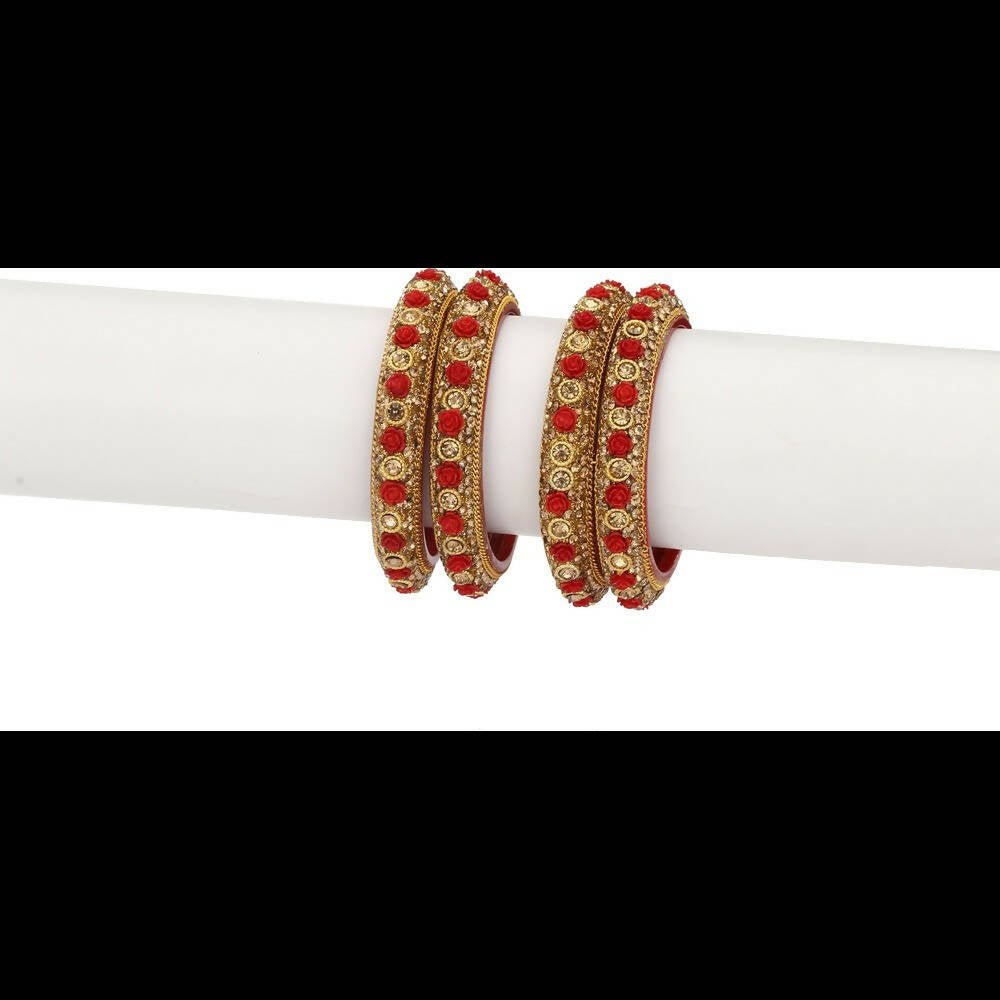 Afast Bridal Wedding & Party Fashionable Colorful Glass Bangle/Kada Set, Pack Of 4 - Red, Gold - Swadesiicart