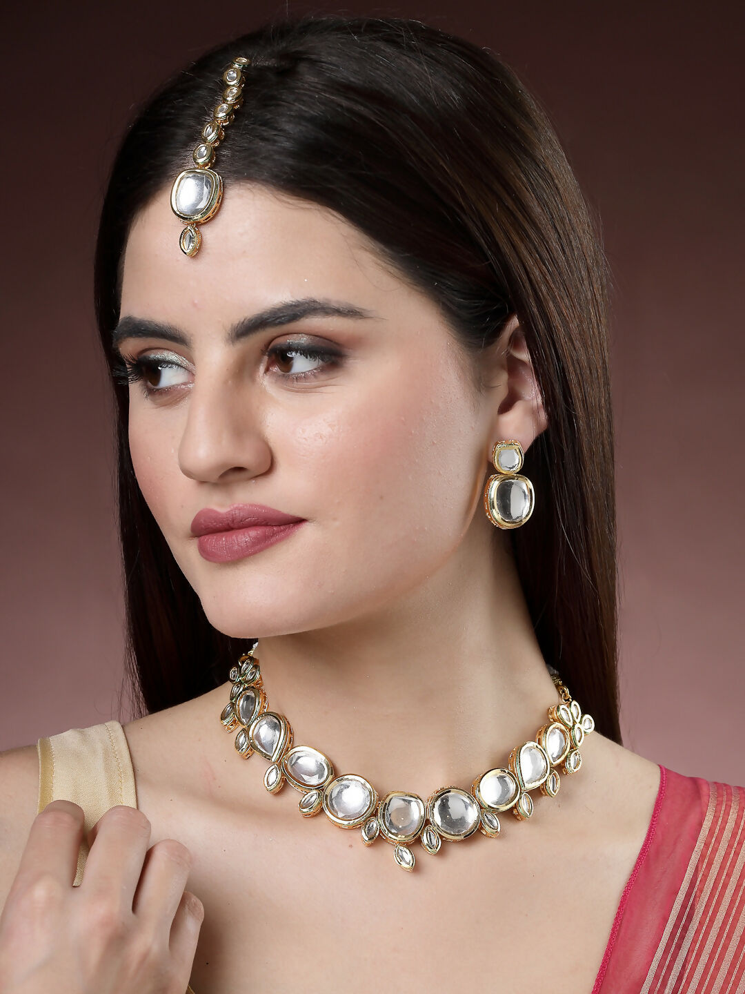 NVR Women's Gold Kundan-Studded Necklace and Earrings with Mang Tikka - Swadesiicart
