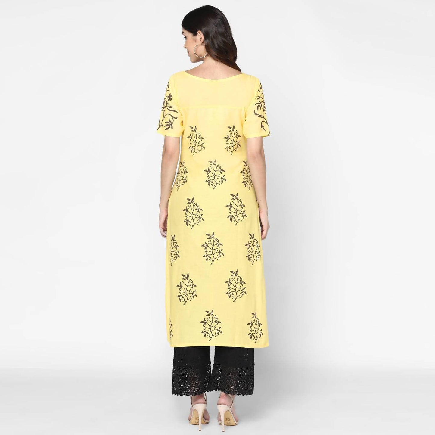 Cheera Hand Block Print Pale Yellow Straight Kurta (MAAI-056K) | Swadesiicart