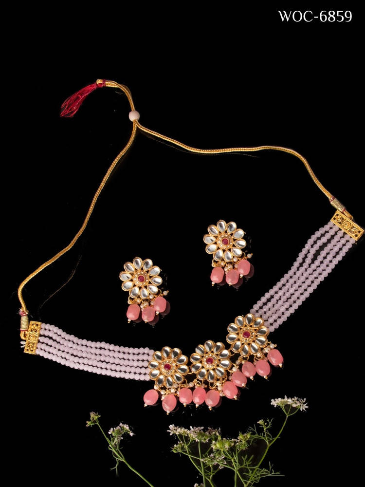 Mominos Fashion Johar Kamal Women's Pink Beads Pearls Gold-Polished Jewellery Set | Swadesiicart