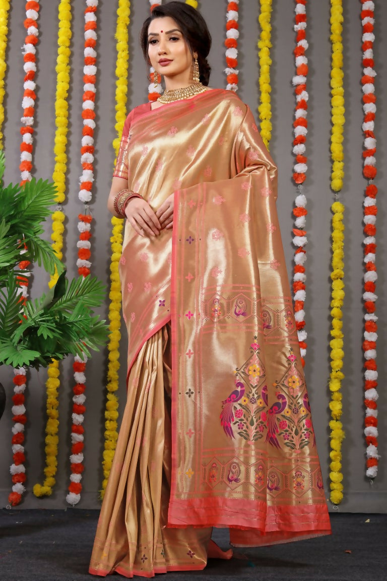 Jyoti Fashion Women's Peach Paithani Silk Zari Woven Saree with Blouse | Swadesiicart
