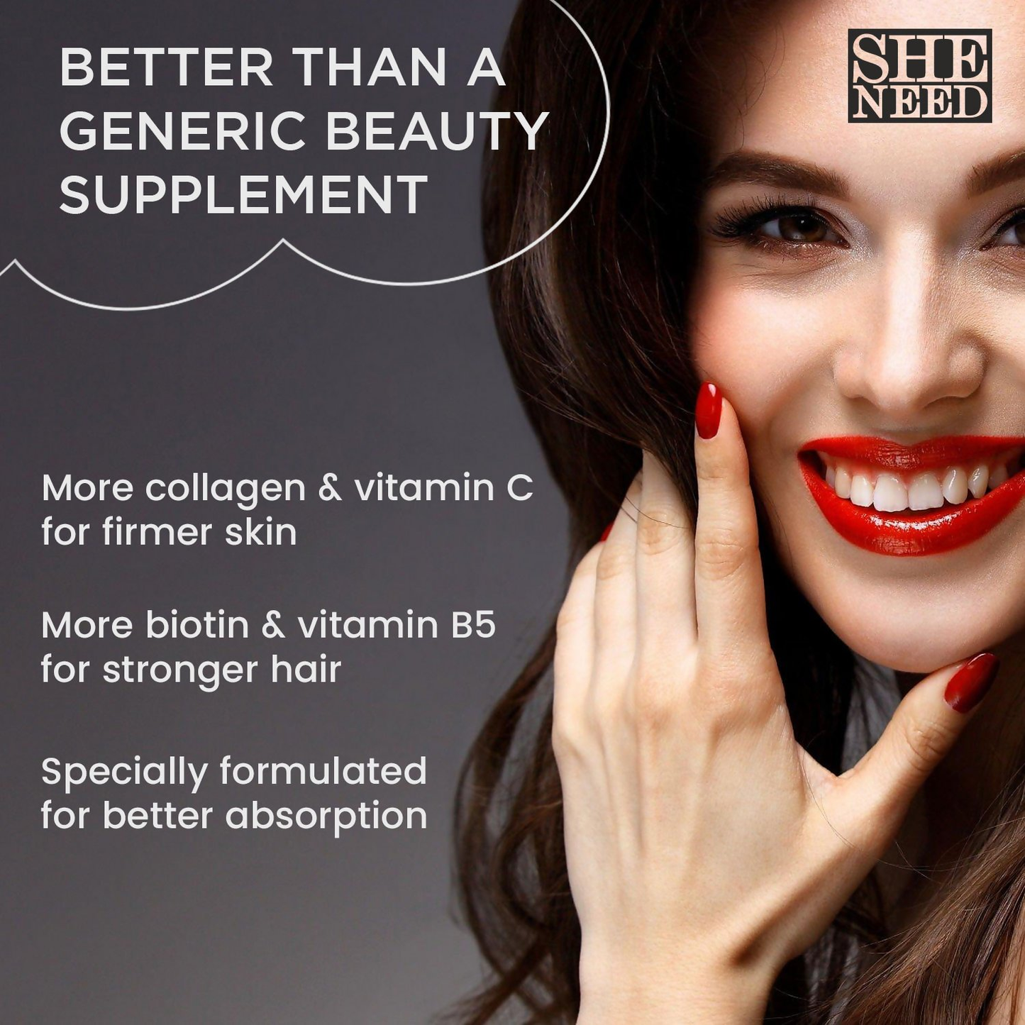 SheNeed Hair, Skin & Nails Vitamins Capsules | Swadesiicart