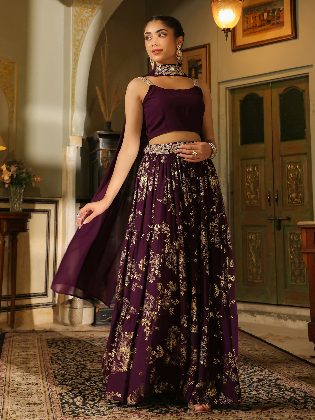 Janasya Purple Georgette Solid Lehenga Choli Dupatta | Swadesiicart