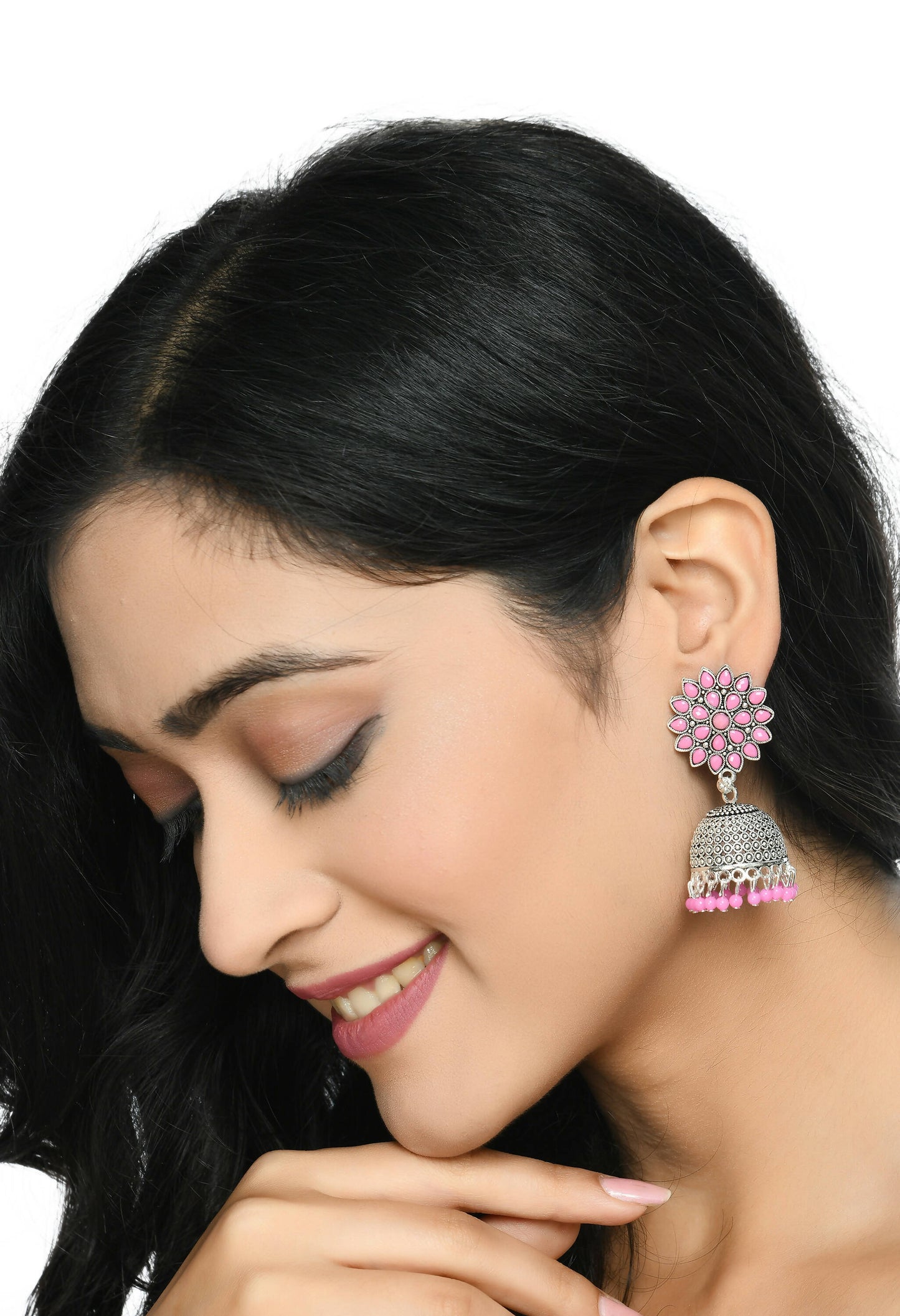 Mominos Fashion Joharkamal Kundan work Jhumka with Baby Pink Beads - Swadesiicart