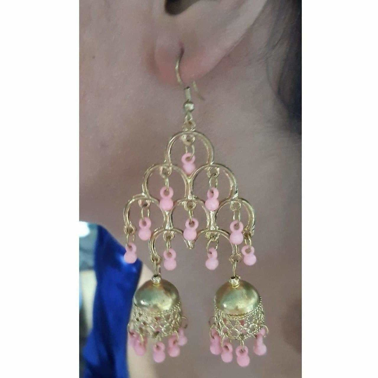 MS Fashion India Gold-Polished Fashion Traditional Double Jhumka Long Light Pink Pearls Earrings | Swadesiicart