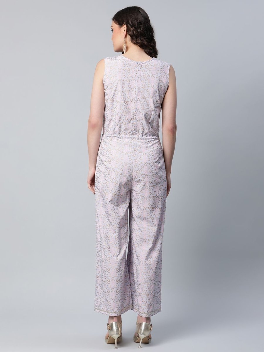 Ahalyaa Womens Blue Crepe Gold Printed Jumpsuit | Swadesiicart