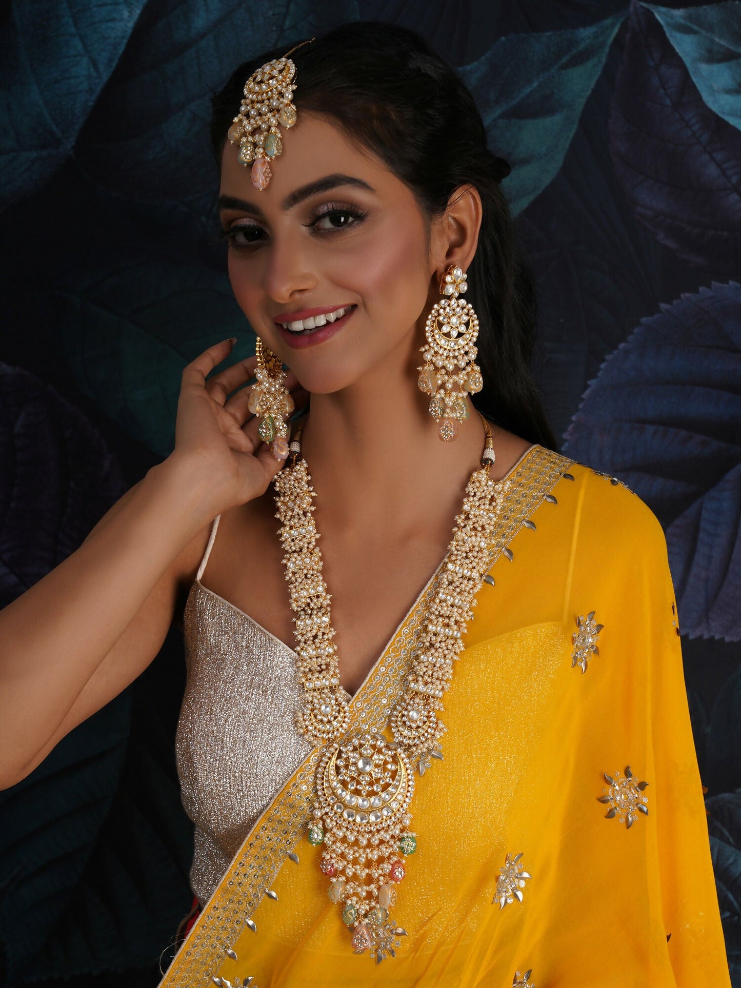 Long Kundan Neckpiece with Earrings & Maang Tikka with Multi Stones Jewellery Set (Gold) - Ruby Raang - Ruby Raang Studio