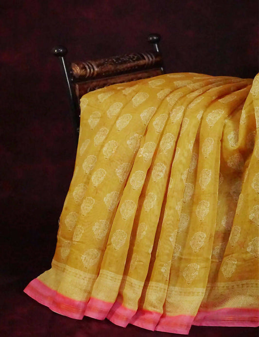 Dry Mehendi Colored Block Print Semi Chanderi Saree By Gayathri Reddy Designer Studio | Swadesiicart