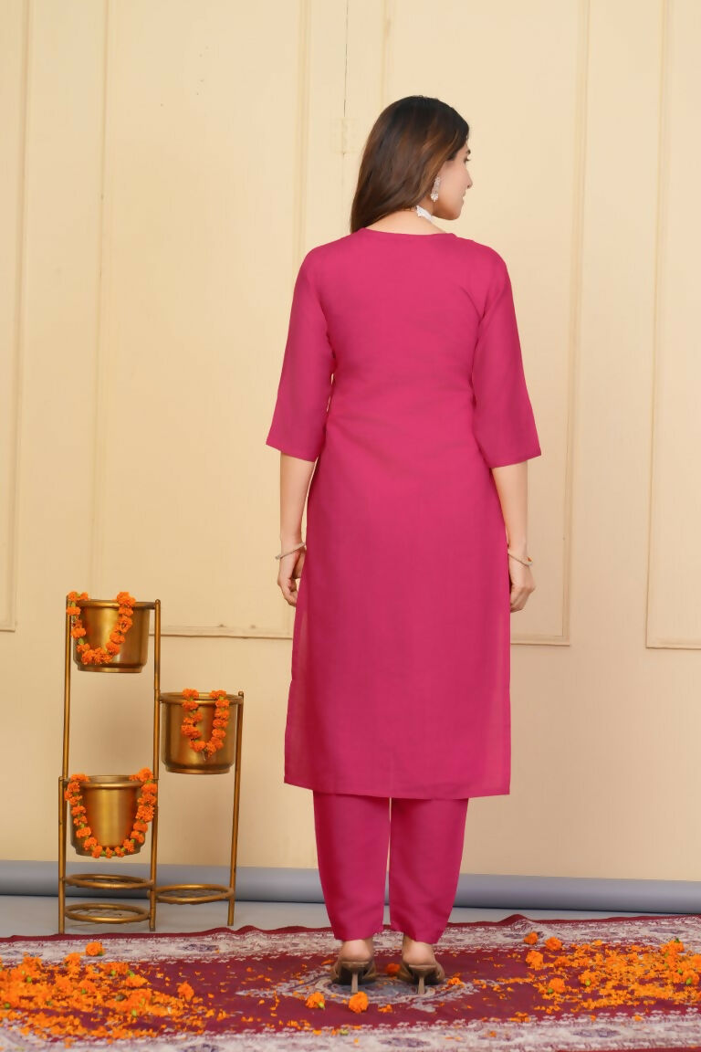 Red Viscose Chanderi Embroidered Stitched Suit With Dupatta - Tanisha | Swadesiicart