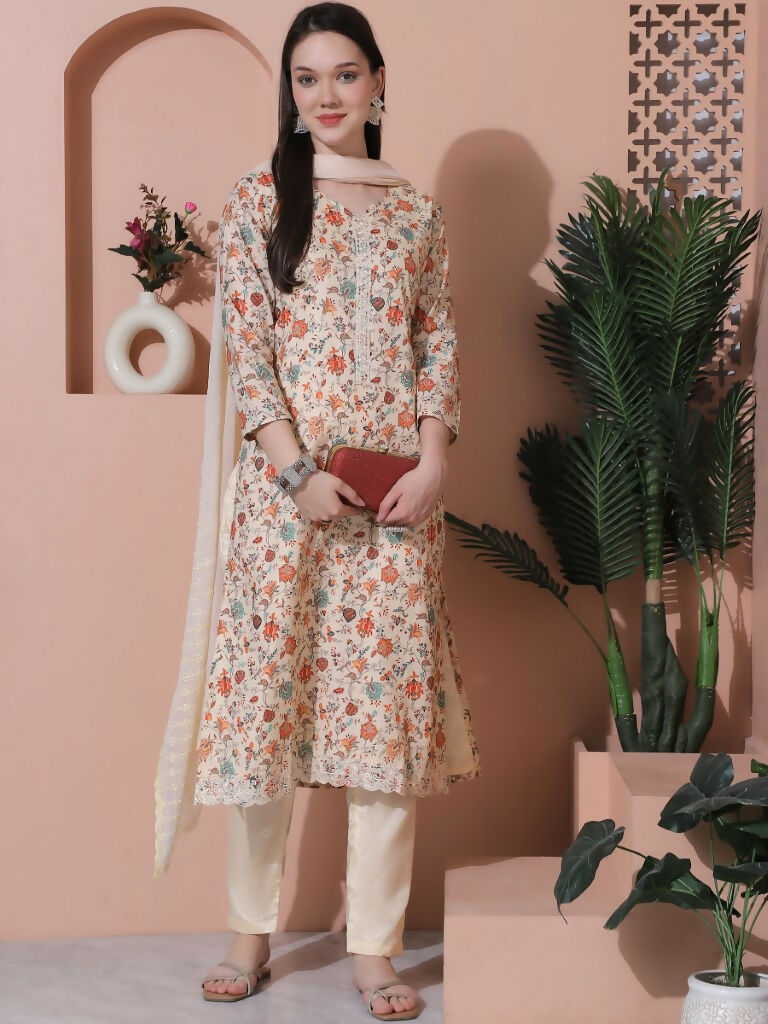 Jyoti Fashion Women's Beige Cotton Floral Digital Printed Kurta with Trouser & Dupatta | Swadesiicart