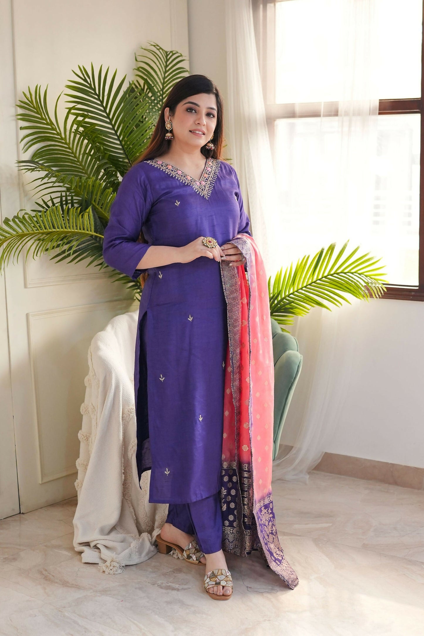 The52 Purple Women's Gorgeous Embroidered Vichitra Fabric Straight Kurta Pant with Dupatta Set - Swadesiicart