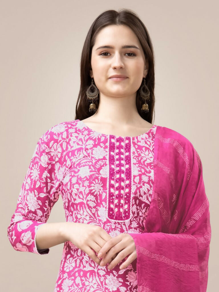 Jyoti Fashion Women's Pink Rayon Print with Embroidery & Fancy Lace Work Kurta with Trouser & Dupatta | Swadesiicart