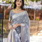Vishnu Weaves Women's Grey Pure Cotton Zari Woven Saree with Blouse - Swadesiicart