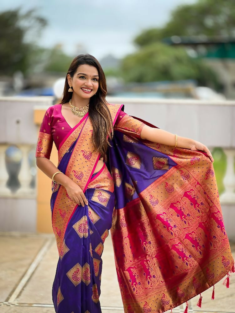PR Fashion Violet Soft Banarasi Silk With Zari Weaving Meenakari Design Saree | Swadesiicart