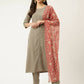 FIORRA Women's Grey Poly Crepe Straight Kurta Pant With Dupatta - Swadesiicart