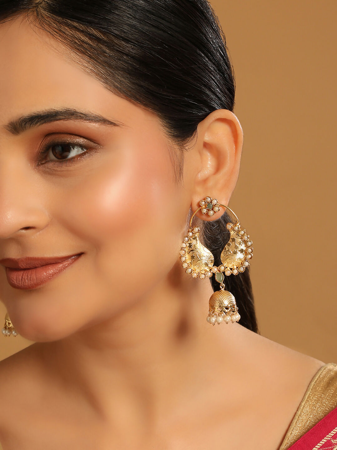 Nuyug 22K Gold Plated Pearls Studded Contemporary Shaped Mini Jhumki Drop Dangler Earrings | Swadesiicart