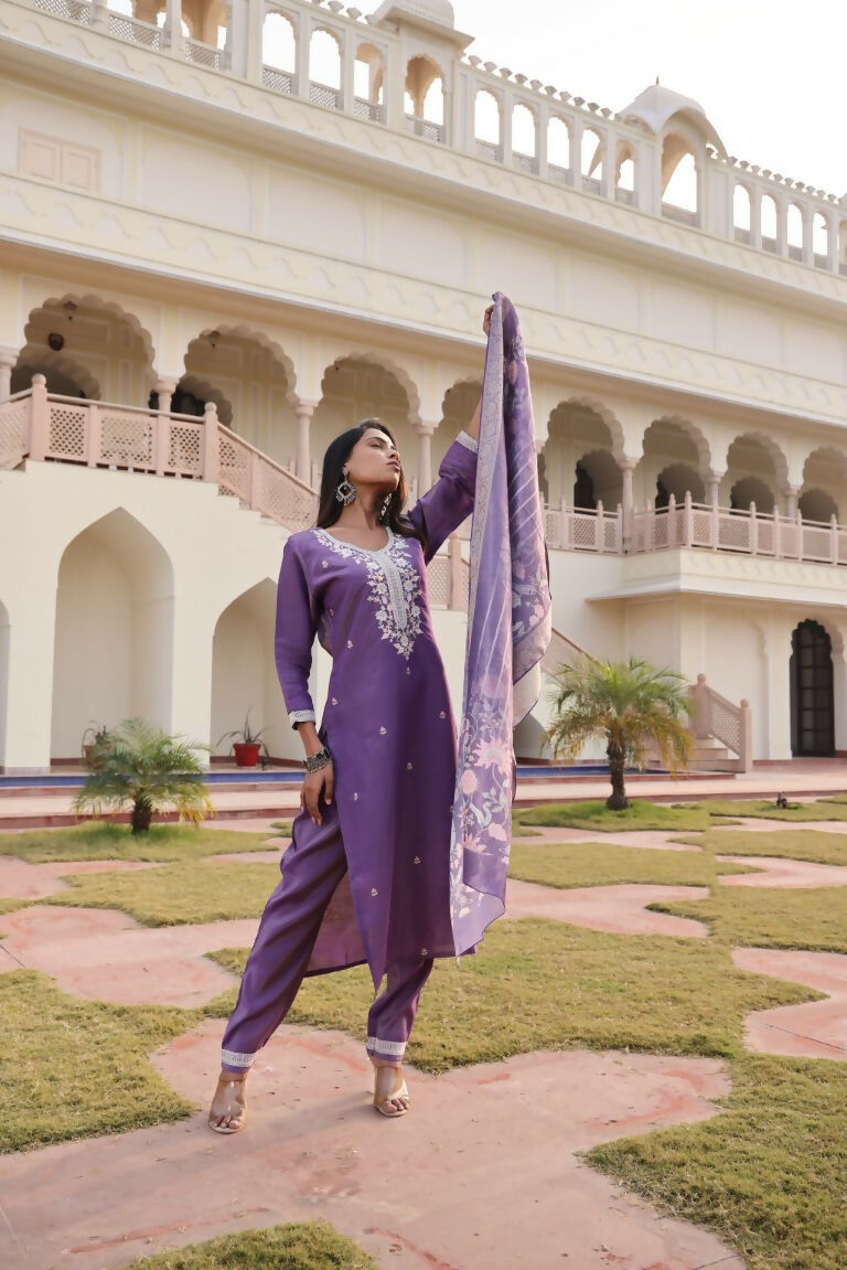 Jyoti Fashion Women's Purple Simmer Silk Floral Print with Embroidered Kurta Set | Swadesiicart