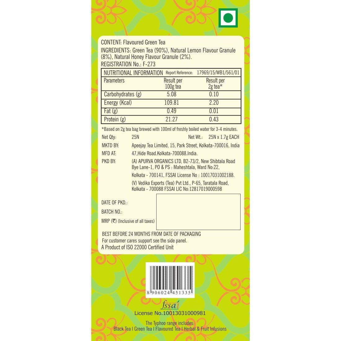 Typhoo Cleansing Lemon & Honey Green Tea Bags - Swadesiicart