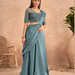 Blue Satin Embroidered Ready To Wear Saree With Unstitched Blouse Piece - Nandika | Swadesiicart