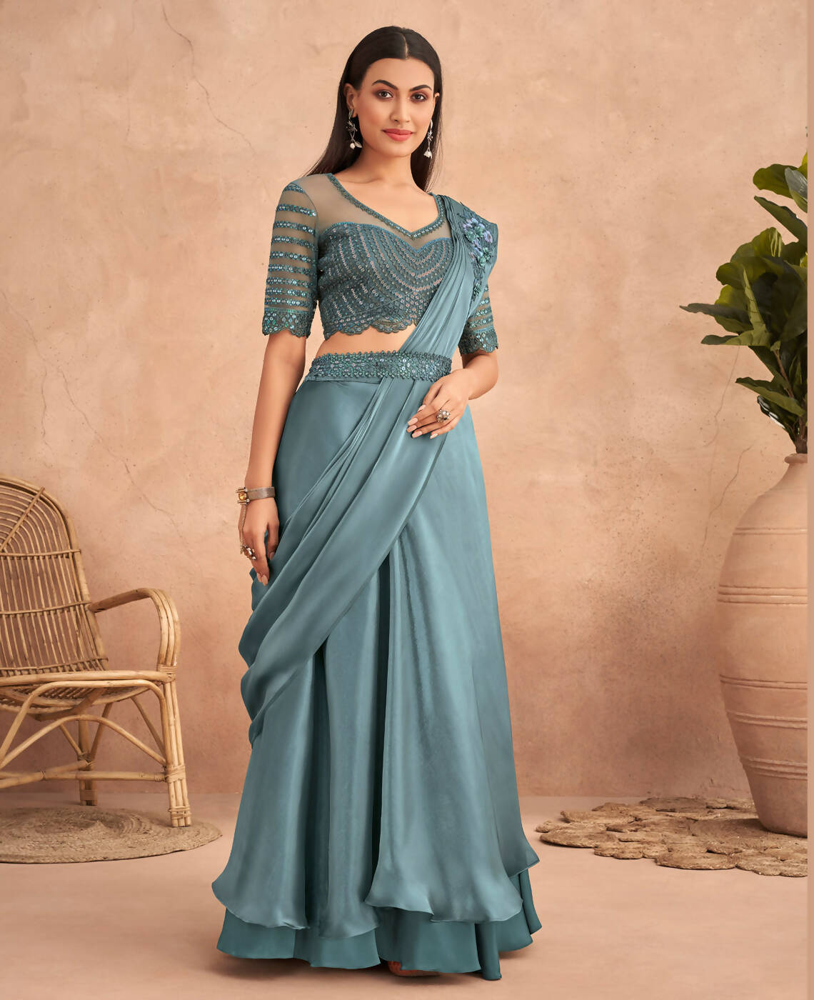 Blue Satin Embroidered Ready To Wear Saree With Unstitched Blouse Piece - Nandika | Swadesiicart