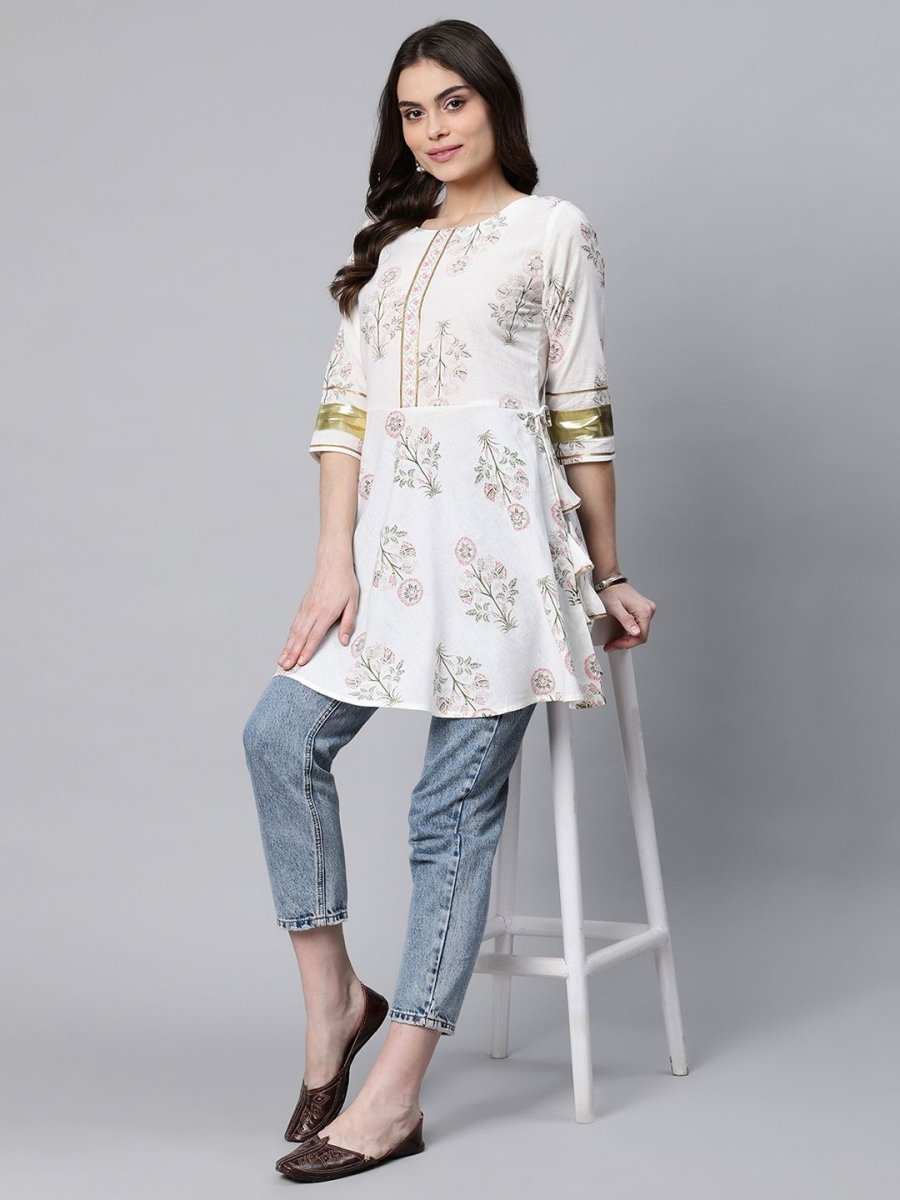 Ahalyaa Women Off White Pure Cotton Floral Printed Tunic | Swadesiicart