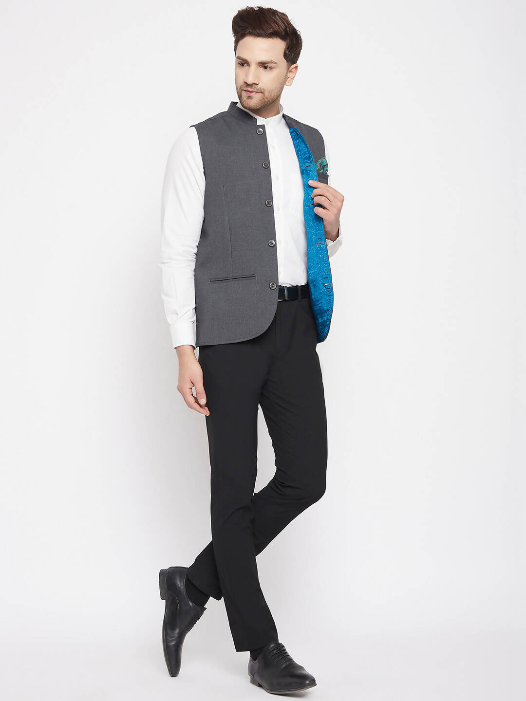 Even Apparels Men's Grey Merino Nehru Jacket-Contrast Lining-Free Pocket Square | Swadesiicart