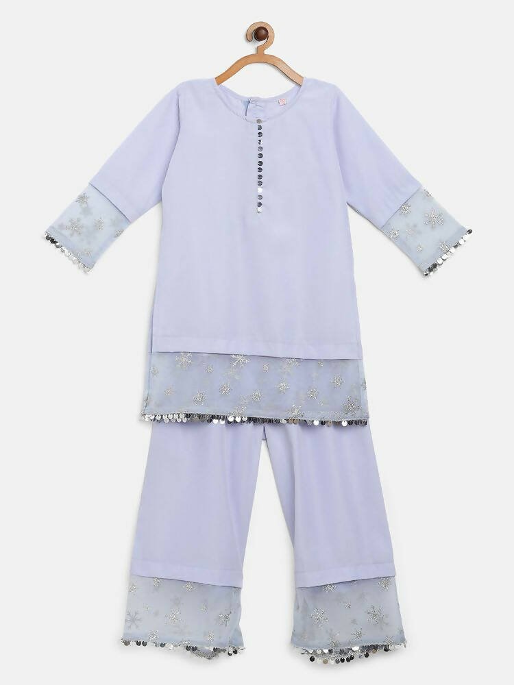 Ahalyaa Blue Crepe Silver Glitter Print Kids Kurta Palazzo Set With Dupatta For Girls | Swadesiicart