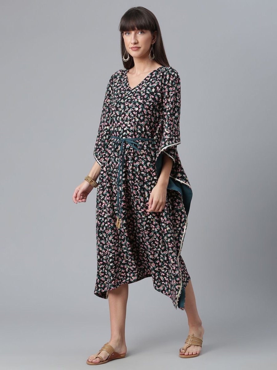Ahalyaa Crepe Black Digital & Foil Floral Printed Kaftan | Swadesiicart