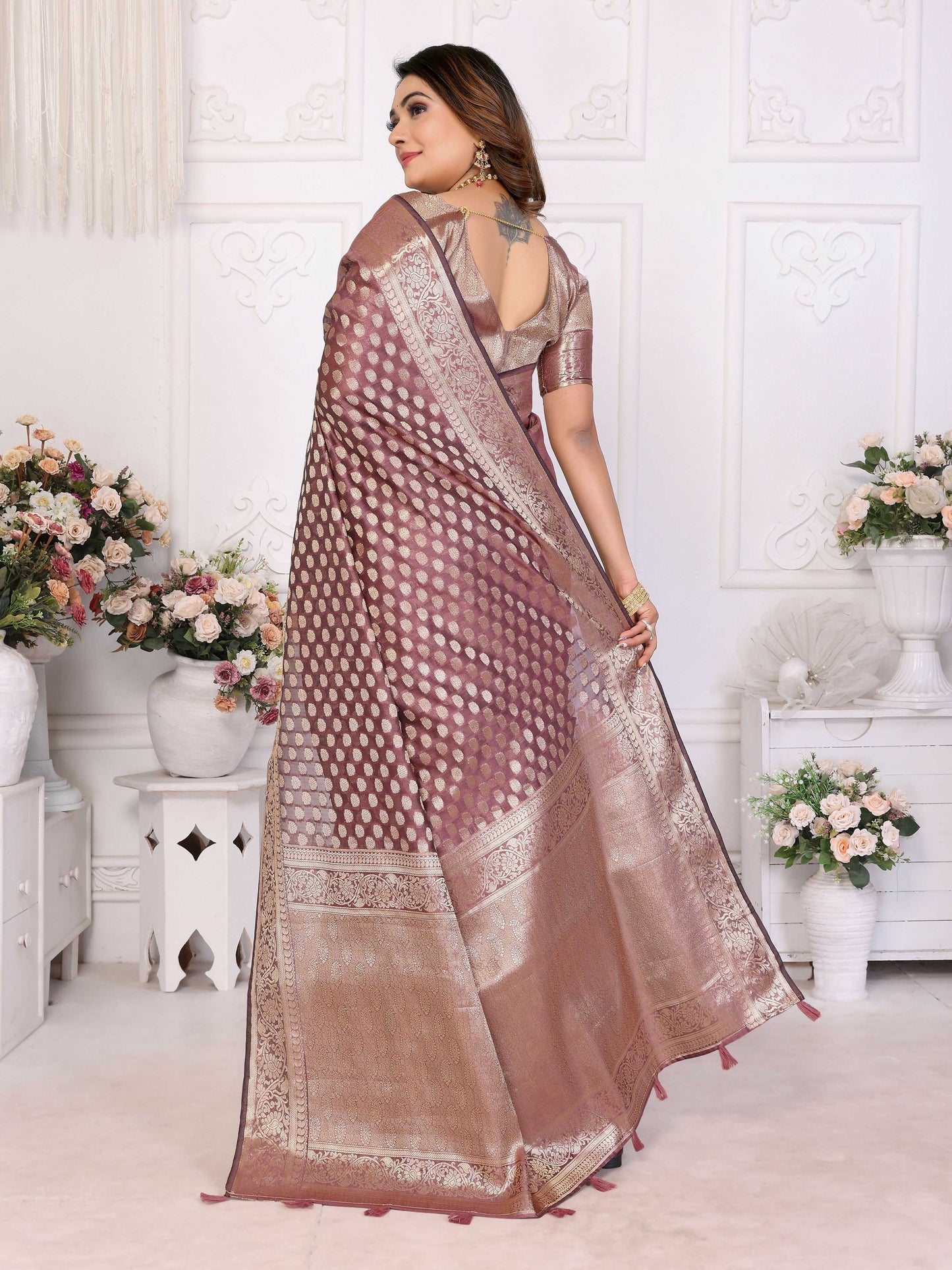Aastha Fashion Dusty Rose Organza Silk Weaving Saree