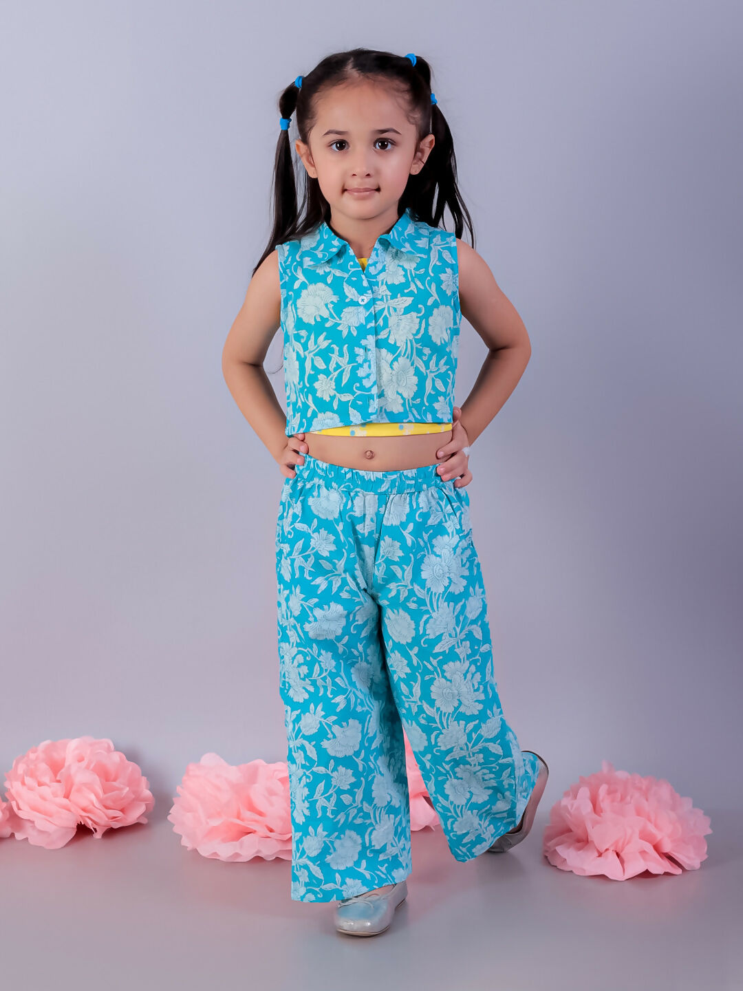 Lil Drama Jaipur Girls Blue Printed Top with Printed Pant Co-ordinate Set - Swadesiicart
