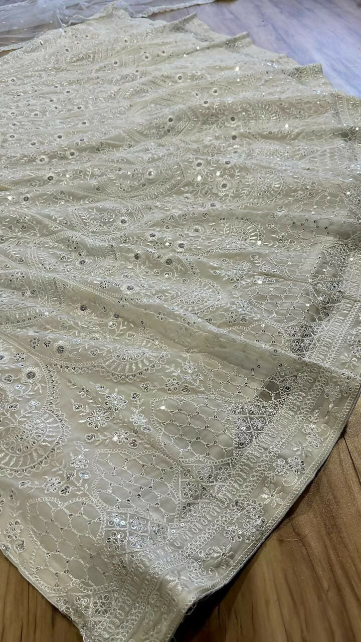 Jyoti Fashion Women's Off White Georgette Codding Thread with Sequins Embroidered Designer Lehenga Choli Set | Swadesiicart