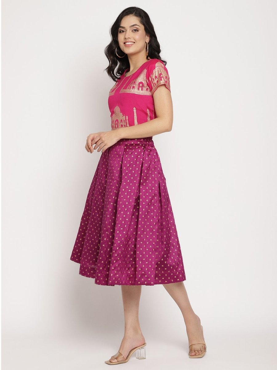 Ahalyaa Women's Pink Poly Silk Gold Foil Print Top With Skirt | Swadesiicart
