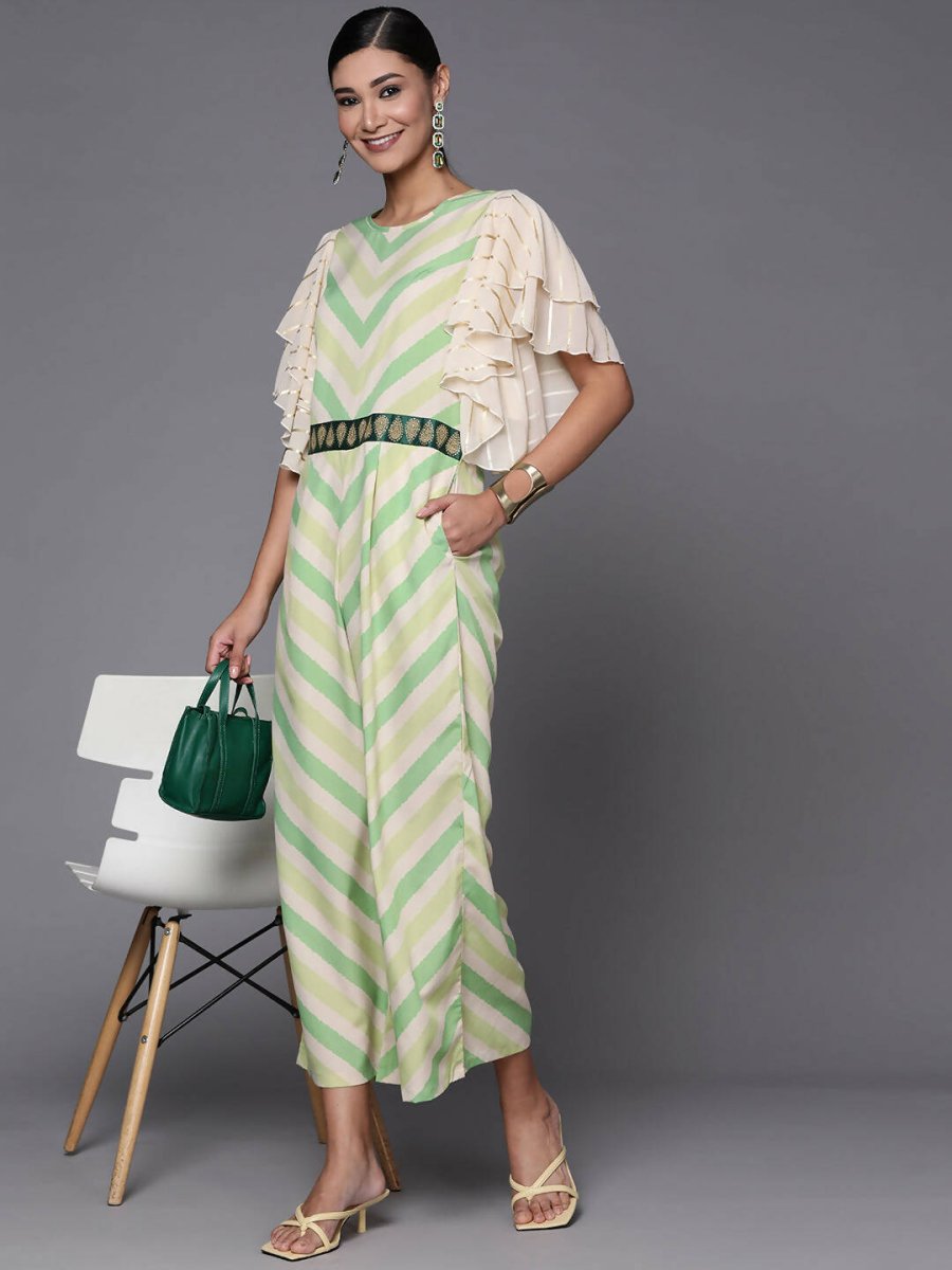 Ahalyaa Off White & Green Zig Zag Print Basic Jumpsuit - Swadesiicart
