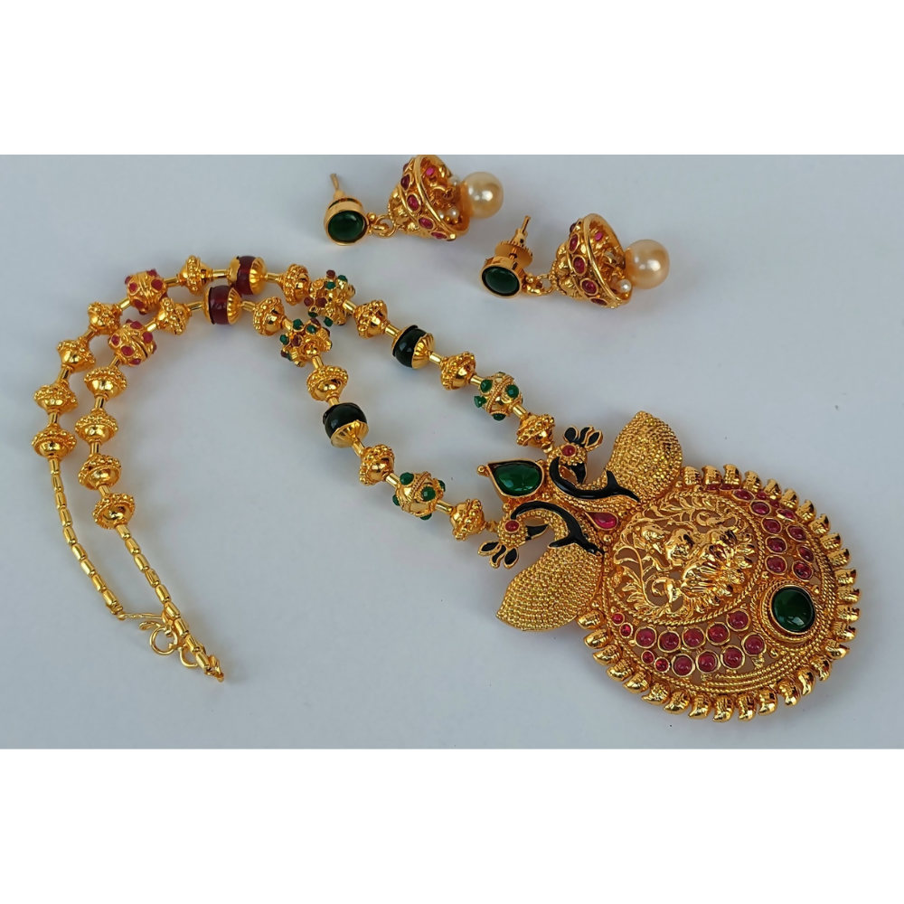 Gold-Polished Beaded Temple Necklace Set - Swadesiicart
