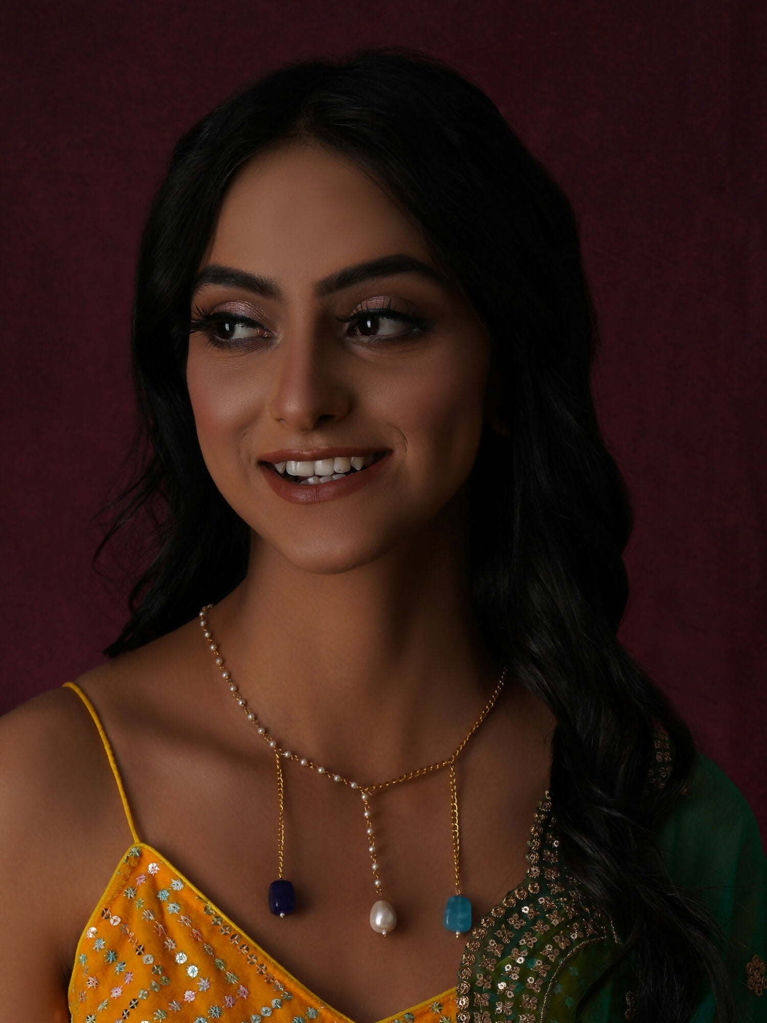 Long Pearl and Gold Chain Neckpiece (Gold) - Ruby Raang | Swadesiicart