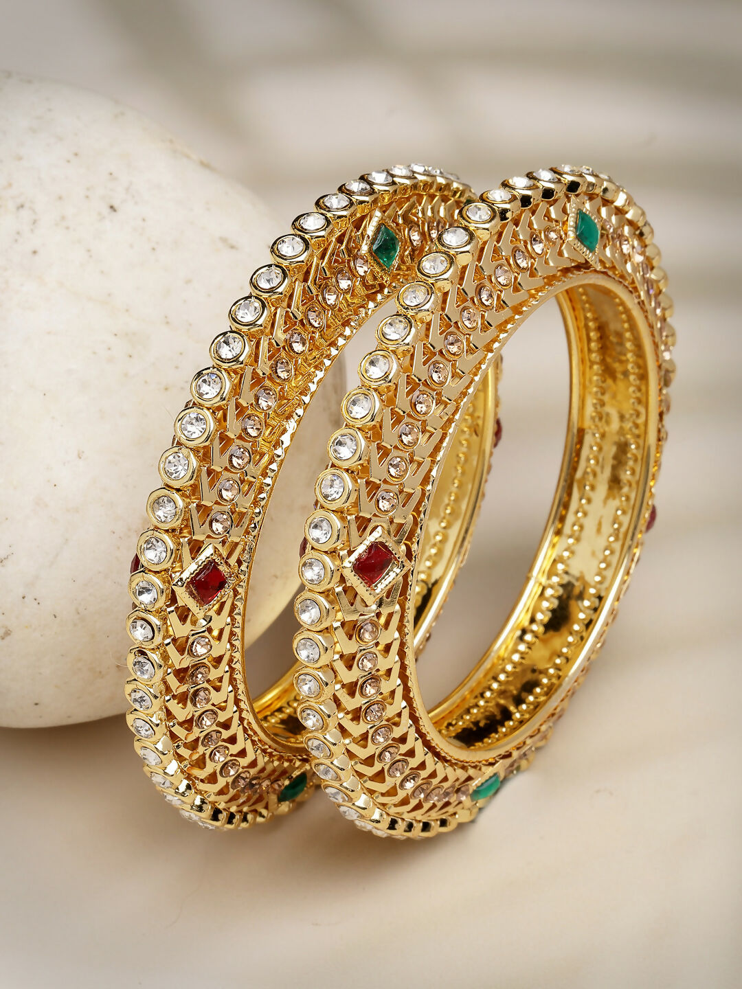 NVR Women's Set of 2 Gold-Polished Kundan Traditional Bangles - Swadesiicart