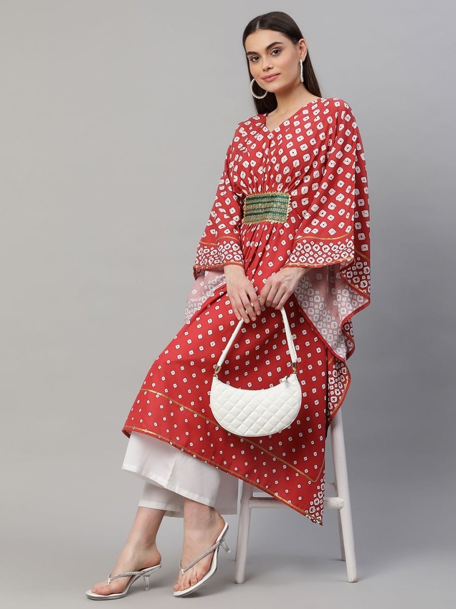 Ahalyaa Women Maroon Crepe Digital Printed Flared Sleeve Kaftan Kurta | Swadesiicart