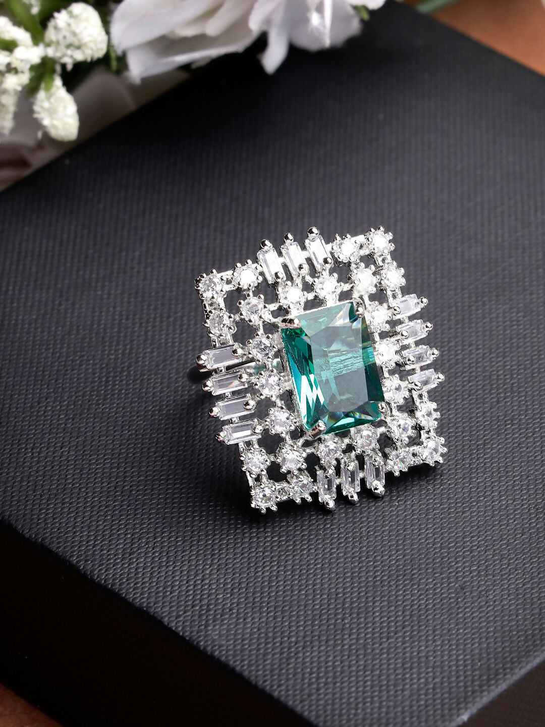 NVR Women's Green & Silver CZ-Studded Square-Shaped Adjustable Finger Ring | Swadesiicart
