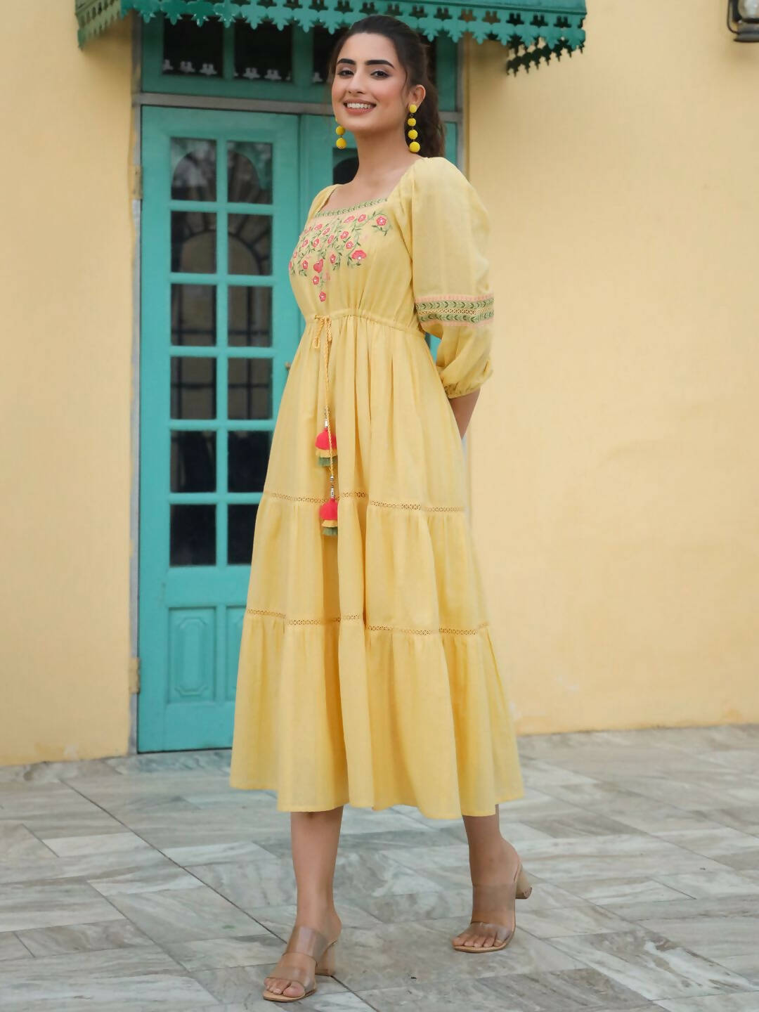 Juniper Women's Yellow Cotton Dobby Embroidered Flared Dress | Swadesiicart