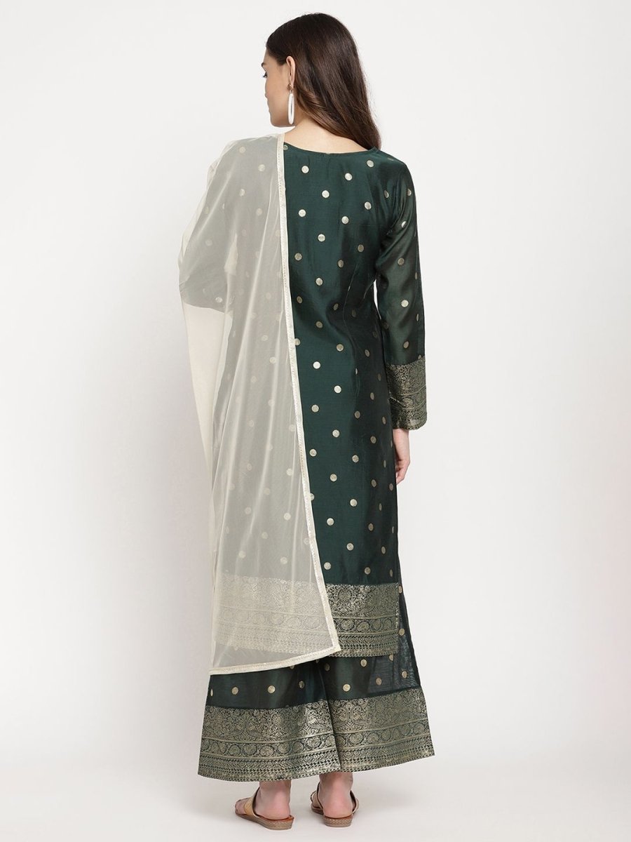 Ahalyaa Dark Green Gold Print Kurta Palazzo Set With Dupatta | Swadesiicart